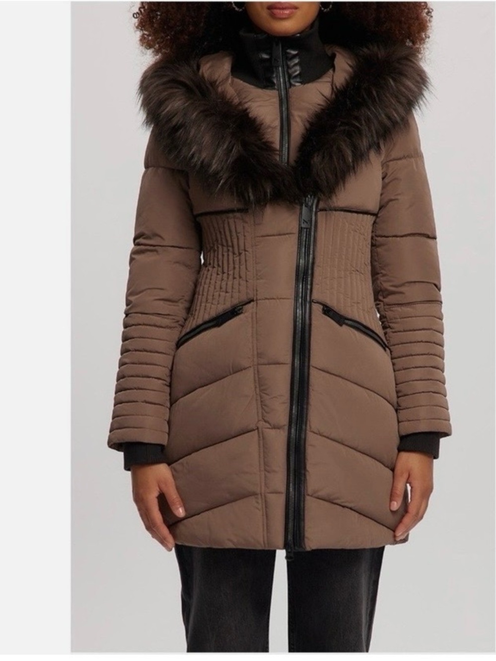 Noize GiGi Mocha Quilted Hooded Puffer Coat with Faux Fur Trim